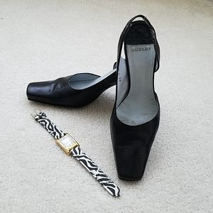 Black leather sling back square toe pumps